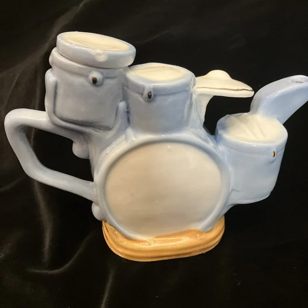 Drum Set Kit Teapot Blue RARE Decor Drummer Music Band Theme Tea Pot Snare